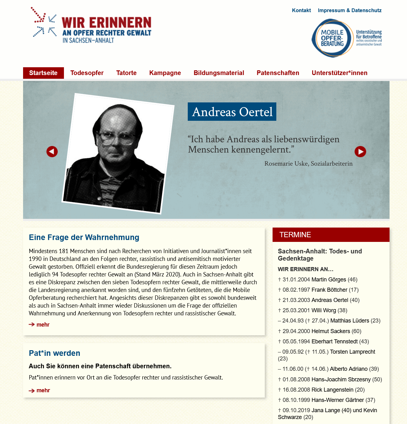 Cover von Webseite Wir erinnern an Opfer rechter Gewalt in Sachsen-Anhalt