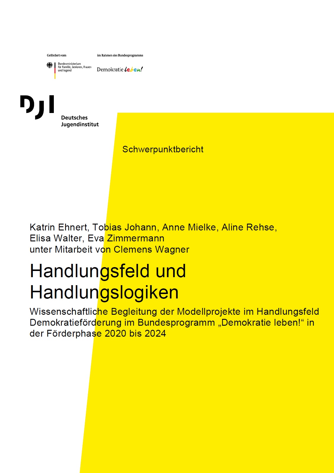 Das Bild zeigt einen weiß, gelben Hintergrund auf denen der Titel Handlungsfeld und Handlungslogiken, viele Autor:innen und die Logos des Herausgebers Deutsches Jugendinstitut und des Förderers Demokratie leben abgebildet sind