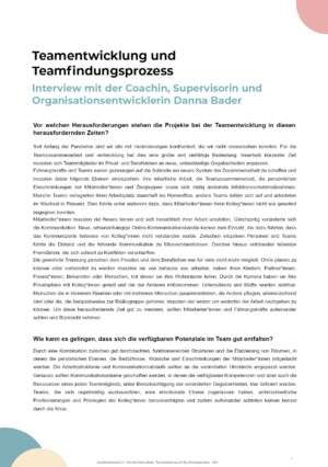 Das Bild zeigt die Überschrift des Interviews von Dana Bader über Teamentwicklung und Teamfindungsprozesse sowie die ersten zwei Fragen und Antworten