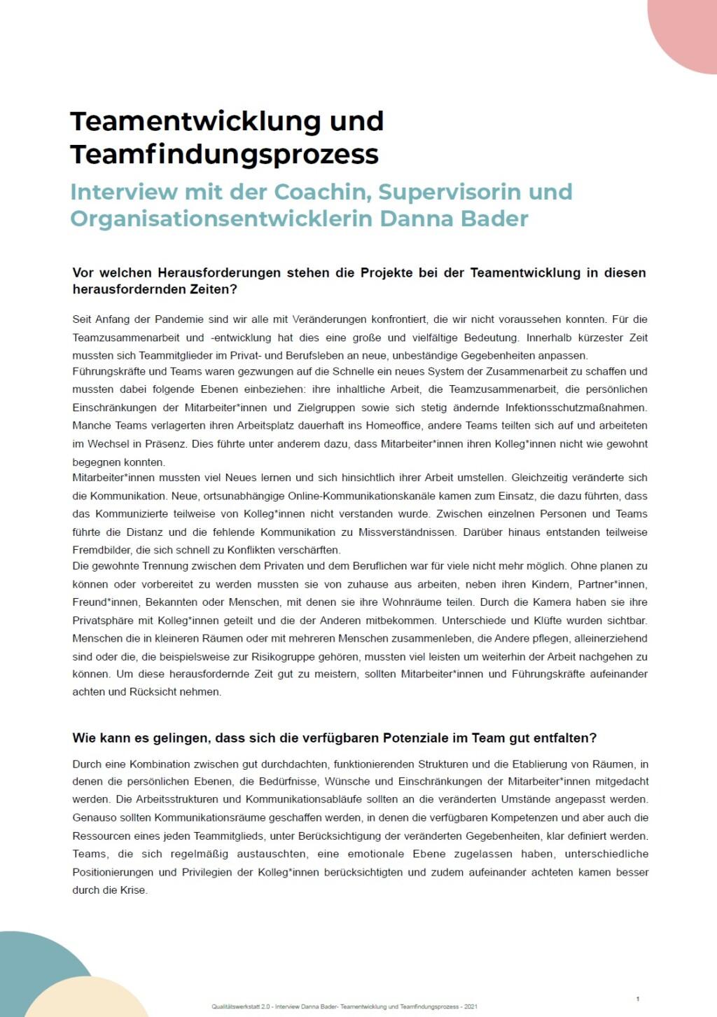 Cover von Teamentwicklung und Teamfindungsprozess. Interview mit der Coachin, Supervisorin und Organisationsentwicklerin Danna Bader