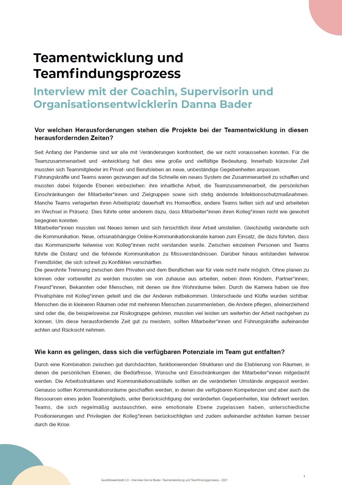 Cover von Teamentwicklung und Teamfindungsprozess. Interview mit der Coachin, Supervisorin und Organisationsentwicklerin Danna Bader