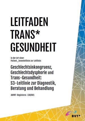 Auf dem Bild steht LEITFADEN TRANS*GESUNDHEIT in der Art einer Patient_innenleitlinie zur Leitlinie: Geschlechtsinkongruenz, Geschlechtsdysphorie und Trans-Gesundheit: S3-Leitlinie zur Diagnostik, Beratung und Behandlung AWMF-Registernr. 138/001 auf weißen Grund am unteren und linken Seitenrand ist ein rahmen gezogen der von orange langsam in blau übergeht. In ihm steht BVT*. Über BVT* ist eine wagenrechte geschwungene acht