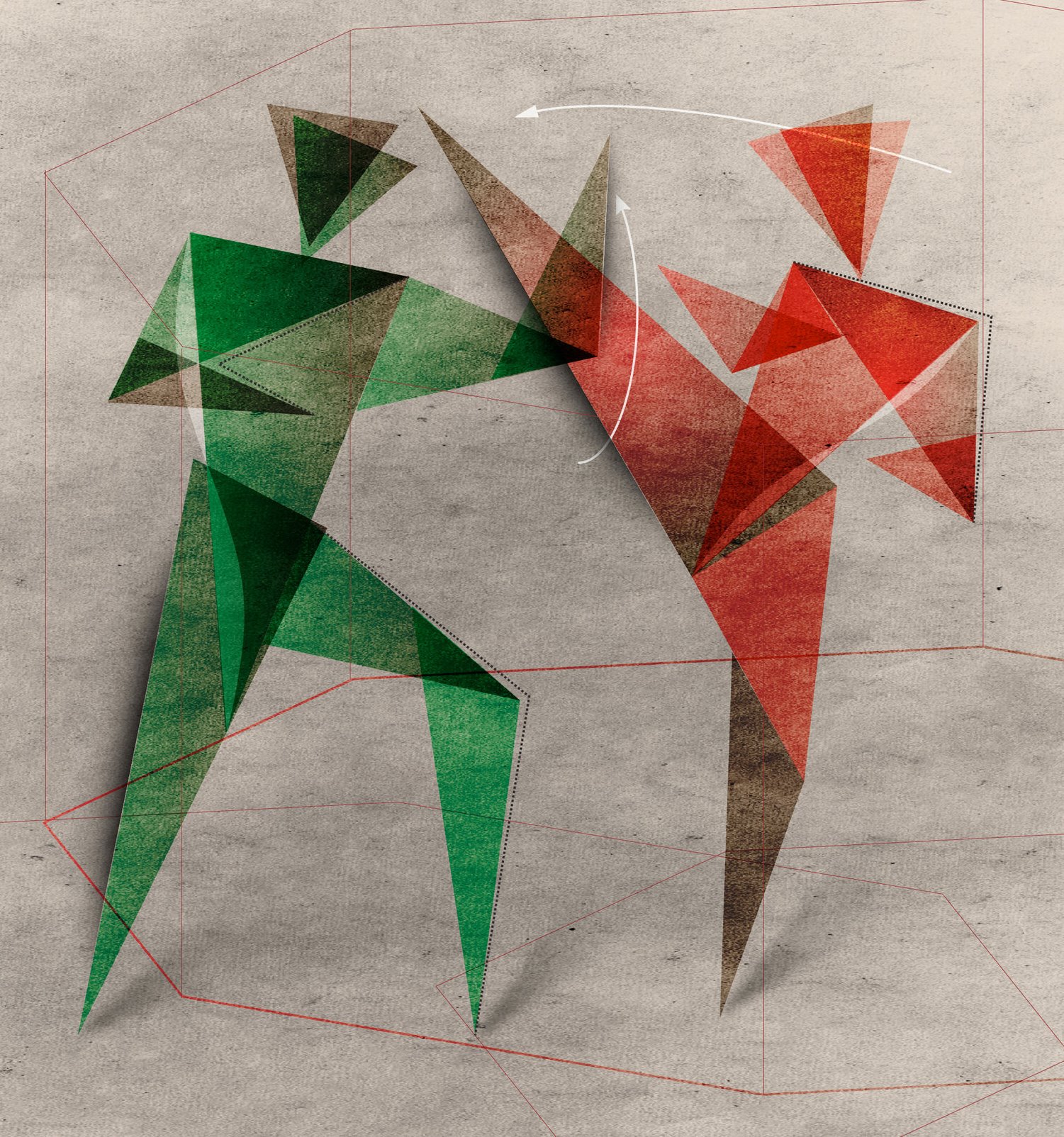 Das Bild zeigt zwei kämpfende Figuren. Eine in rot, die andere in grün gehalten. Der jeweilige gesamte Köper wird in unterschiedlich angeordneten Dreiecken dargestellt. Das Bild wurde als Motiv für die Info-Papiere von Vollkontakt gewählt.