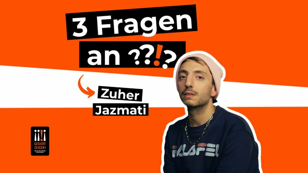 Im Hintergrund sind zwei große mit orange gefüllte Flächen zu sehen die von einer in der Mitte kleineren weißen Fläche getrennt werden. Im Vordergrund sieht man das Gesicht und den Oberkörper eines Mannes. Über und neben seinem Kopf steht 3 Fragen an Zuher Jazmati. Unten links im Bild steht das Logo von Gesicht Zeigen!