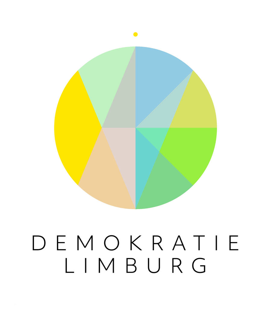 In dem Bild befindet sich ein großer Kreis, der mit Dreiecken in unterschiedlichen farben ausgefüllt ist. Über den Kreis befindet sich ein gelber Punkt und unter dem Kreis steht Demokratie Limburg. Das Bild gehört zum Beitrag Demokratie im Kopf