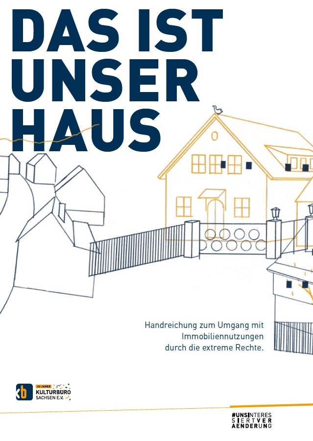 Auf dem Bild steht in Versalien Das ist unser Haus. Darunter sind Häuser zu sehen die an einer Straße stehen. Daneben ist mit gelb, anstatt mit schwarz wie die anderen, gezeichnet ein großes Haus das hinter einem wieder mit schwarz gezeichneten Zaun steht