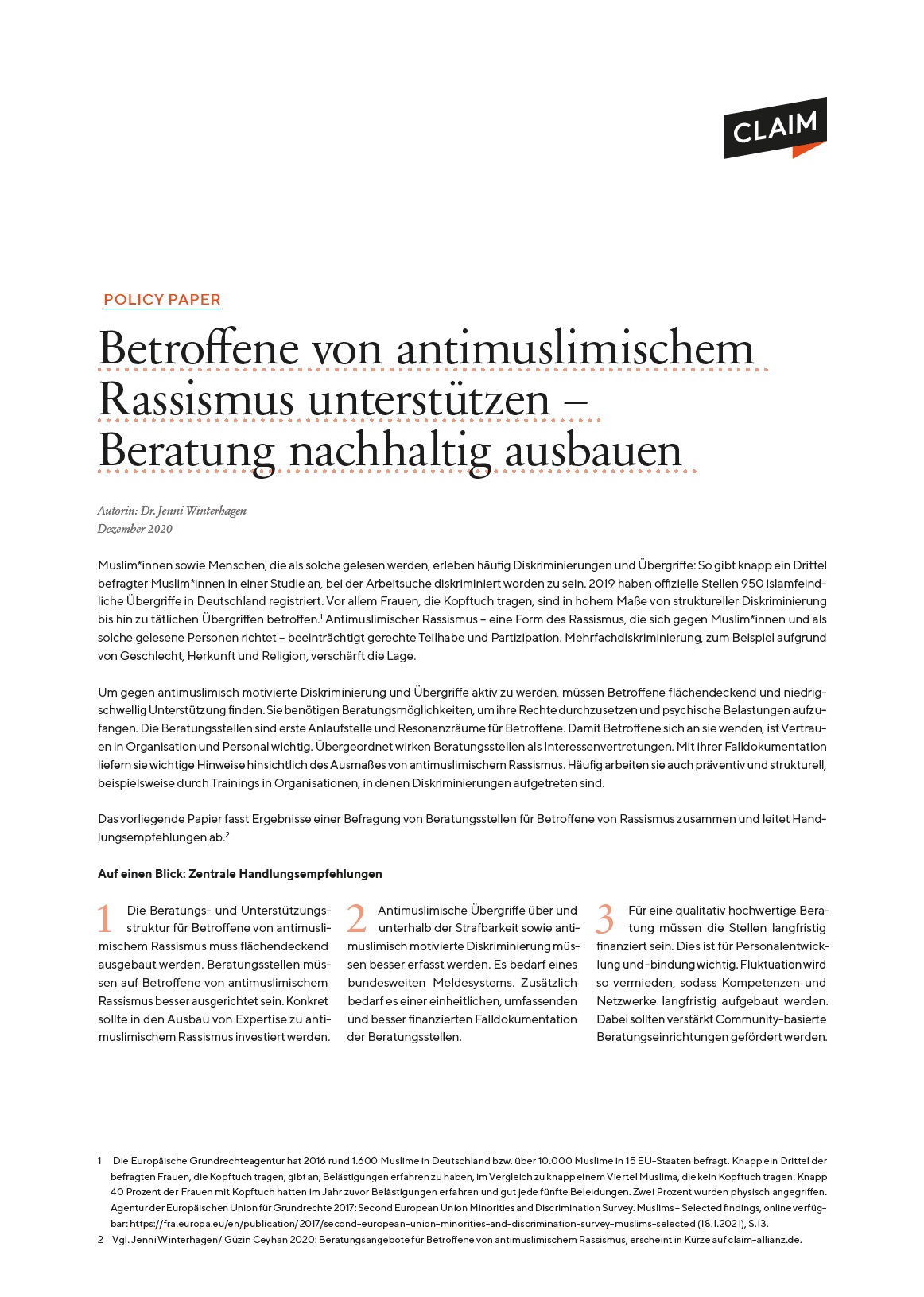 Das Bild zeigt die Überschrift des Beitrages Betroffene von antimuslimischen Rassismus unterstützen - Beratung nachhaltig ausbauen. Dann fängt der Inhalt des Beitrages an.