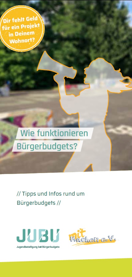 Auf dem Bild ist die Silhouette mutmaßlich einer jungen Frau abgebildet die einen Lautsprecher in der Hand hält und da rein schreit. Verschwommen sind im Hintergrund Bäume, eine Asphaltfläche und Graffitis zu erkennen. Über der Frau steht in einen orangenen Kreis Dir fehlt Geld für ein Projekt in deinem Wohnort? Unter der Frau steht Wie funktionieren Bürgerbudgets?