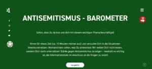 Das Bild ist grün. Auf dem Bild ist der Beschreibungstext des Materials mit der Überschrift Antisemitismus - Barometer. Rechts ist noch eine weiße Trillerpfeife in einem roten Kreis zu sehen.