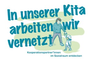 Auf dem Bild ist ein:e Erwachsene:r zu sehen die ein Kind an der Hand hält, dass wiederum einen Fahrradhelm trägt. Auf dem Bild steht In unserer Kita arbeiten wir vernetzt. Kooperationspartner:innen im Sozialraum entdecken