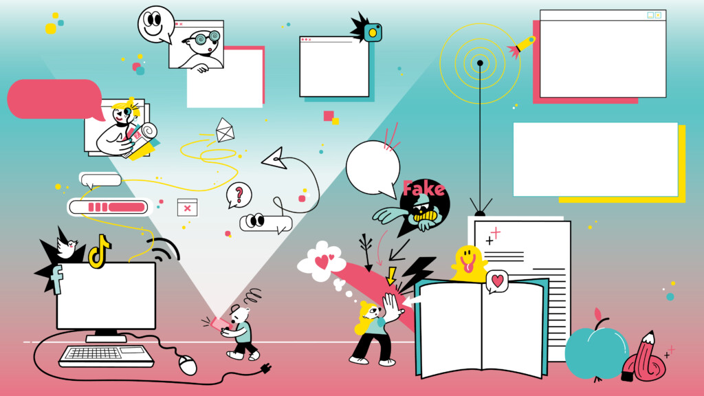 Das Bild gehört zum Beitrag Die politische Dimension von Fake News short. Das Bild ist ein buntes Comic-Wimmelbild. Es zeigt unterschiedlich große und verschiedene Gerätschaften wie Bildschirme, Computer und Bücher bzw. Blätter oder auch ein Smartphone. Auch anderes wie ein Apfel, Menschen, leere Sprechblasen, Buchstaben, Monster u.v.m sind auf dem Bild chaotisch angeordnet.