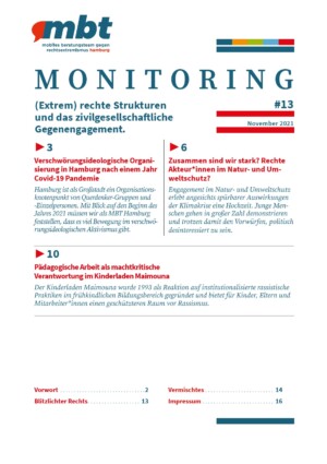 Das Bild ist das Deckblatt der vorliegenden Broschüre. Die Überschrift lautet Monitoring 13 und es wird das Inhaltsverzeichnis aufgelistet