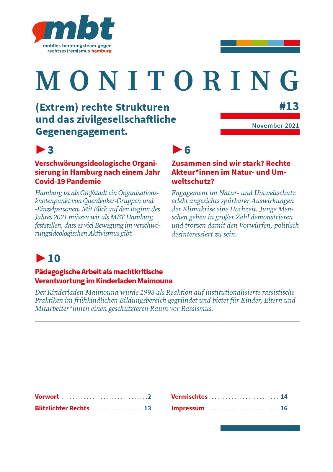 Das Bild ist das Deckblatt der vorliegenden Broschüre. Die Überschrift lautet Monitoring 13 und es wird das Inhaltsverzeichnis aufgelistet