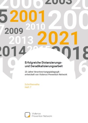 Auf dem Bild sind in unterschiedlichen Farben und Größen verschiedene Jahresdaten und der Broschürentitel Erfolgreiche Distanzierungs- und Deradikalisierungsarbeit zu sehen