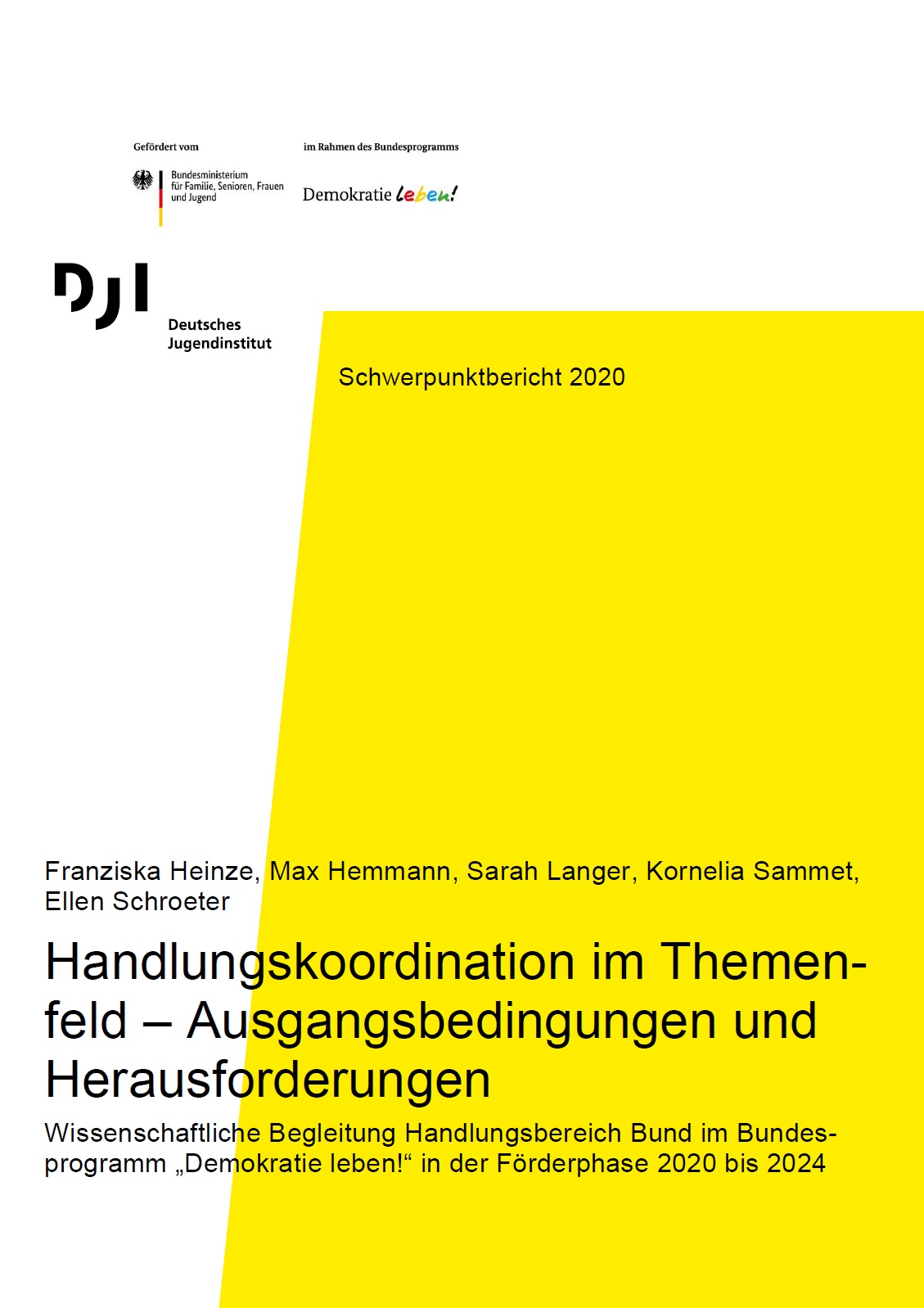 Das Bild ist in gelber und weißer Farbe geteilt. Auf dem Bild steht Schwerpunktbericht 2020 - Handlungskoordination im Themenfeld