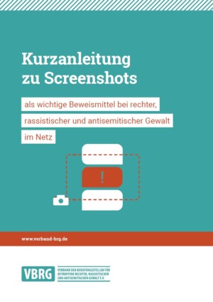 Auf dem Bild ist ein Viereck abgebildet, dass umrahmt ist von gestrichelten Linien. In der Mitte ist ein Ausrufezeichen eingefügt, oben und unten sind leere Sprechblasen zu erkennen. Am unteren linken Rand des Vierecks eist eine Kamera abgebildet. Über dem Viereck ist eine Kurzanleitung zu Screenshots