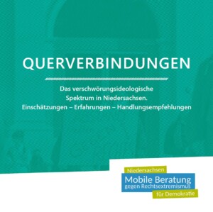 Das Bild ist in türkis gehalten. Schemenhaft ist eine Protestaktion zu erkennen. Deutlich steht auf dem Bild Querverbindungen Das verschwörungsideologische Spektrum in Niedersachsen. Einschätzungen - Erfahrungen - Handlungsempfehlungen