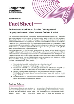 Das Bild zeigt den Anfang des Beitrages. Man sieht die Überschrift Fact Sheet - Antisemitismus im Kontext Schule und dann fängt der Text an.
