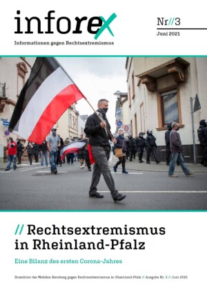 Auf dem Bild ist ein Foto abgebildet, dass eine Demonstration zeigt auf der mehrheitlich die schwarz, weiß, rote Fahne mitgeführt wird. Darüber steht inforex-3 Infoblatt gegen Rechtsextremismus. Unter dem Bild steht Rechtsextremismus in Rheinland-Pfalz. Eine Bilanz des ersten Corona-Jahres