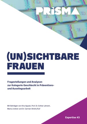 Das Bild ist in unterschiedliche Dreieck aufgeteilt, dass mit Abstand größte Dreieck, ist ausgefüllt mit weißer Farbe und endet nicht. Das Dreieck oben rechts ist ausgefüllt mit einem verzehrten Bild einer Tastatur. Auf der Tastatur steht Prisma. Das Dreieck unten rechts ist ausgefüllt mit lila Farbe in dem Dreieck steht mit weißer Schrift geschrieben #3 Expertise. Im weißen Dreieck steht (Un)sichtbare Frauen