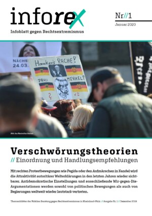 Auf dem Bild ist ein Foto abgebildet, dass einen Teil einer Demonstration zeigt. Darüber steht inforex-1 Infoblatt gegen Rechtsextremismus. Unter dem Bild steht Verschwörungstheorien/Einordnung und Handlungsempfehlungen