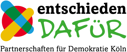 Auf dem Bild ist ein roter Punkt zu erkennen in dem ein buntes X eingefügt ist. Daneben steht entschieden #dafür. Partnerschaft für Demokratie Köln