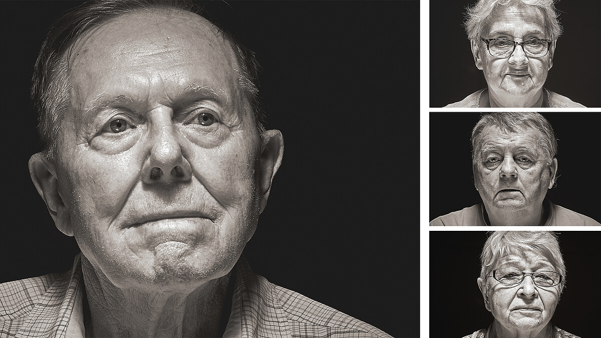 Auf dem Bild sieht man vier schwarz-weiß Fotografien. Es sind die Gesichter von älteren Menschen. Das Bild gehört zu Beitrag Fragt uns wir sind die letzten