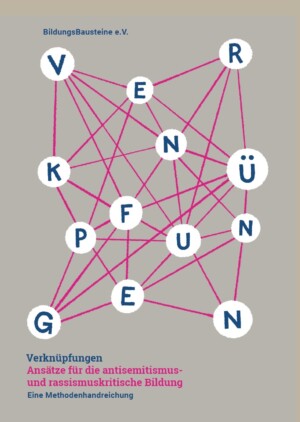 Auf dem Bild sind Fäden zu erkennen die unterschiedliche Buchstaben miteinander verbinden. Die Fäden sind wie die Buchstaben durcheinander. So das es wie ein chaotisches Fadengewirr wirkt. Unter dem Gewirr steht Verknuepfungen - Ansaetze für die antisemitismus und rassismuskritische Bildung