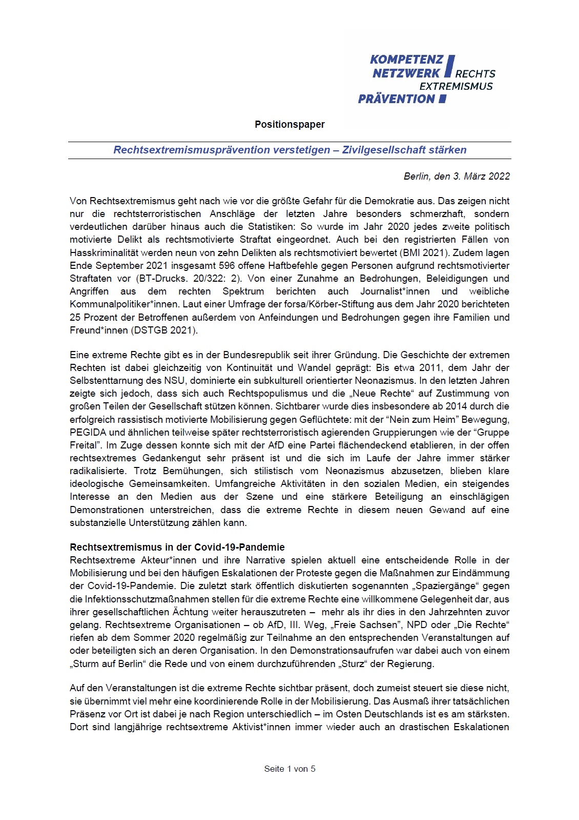 Das Bild ist die erste Seite des Dokuments Rechtsextrmismusprävention verstetigen - Zivilgesellschaft stärken