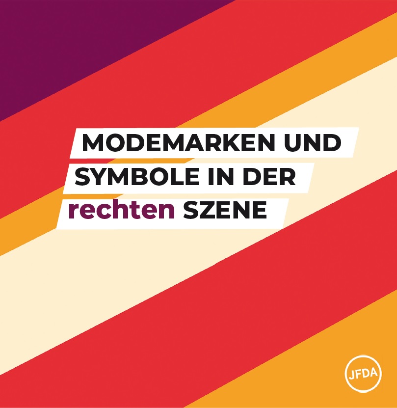 Auf dem Bild sind unterschiedliche Farben (lila, rot, golt, beige, rot, gold) zu sehen die schräg angeordnet sind. In der Mitte des Bildes steht Modemarken und Symbole in der rechten Szene