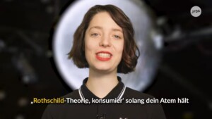 Auf dem Bild sieht man eine Frau darunter steht Rothschild-Theorie, konsumier` solange dein Atem hält