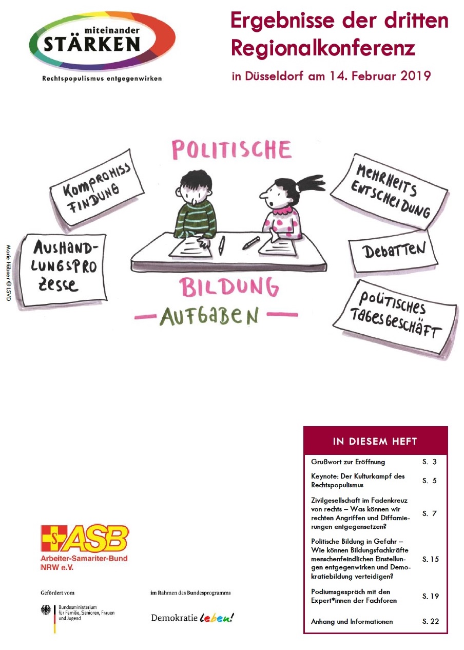 Oben im Bild steht miteinander stärken Ergebnisse der dritten Regionalkonferenz darunter ist ein gezeichnetes Schaubild. Als Überschrift steht politische Bildung und als Zeichnung sind zwei Personen die um einen Tisch sitzen und sprechen abgebildet.