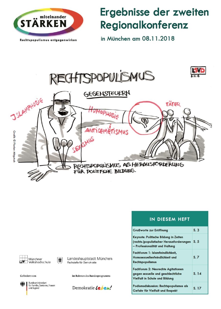 Oben im Bild steht miteinander stärken Ergebnisse der zweiten Regionalkonferenz darunter ist ein gezeichnetes Schaubild. Als Überschrift steht Rechtspopulismus gegensteuern. Darunter ist eine wütend dreinblickende Person vor Mikrophonen die eine rauszeigende Handbewegung vollzieht und dabei auf eine Gruppe von Menschen zeigt