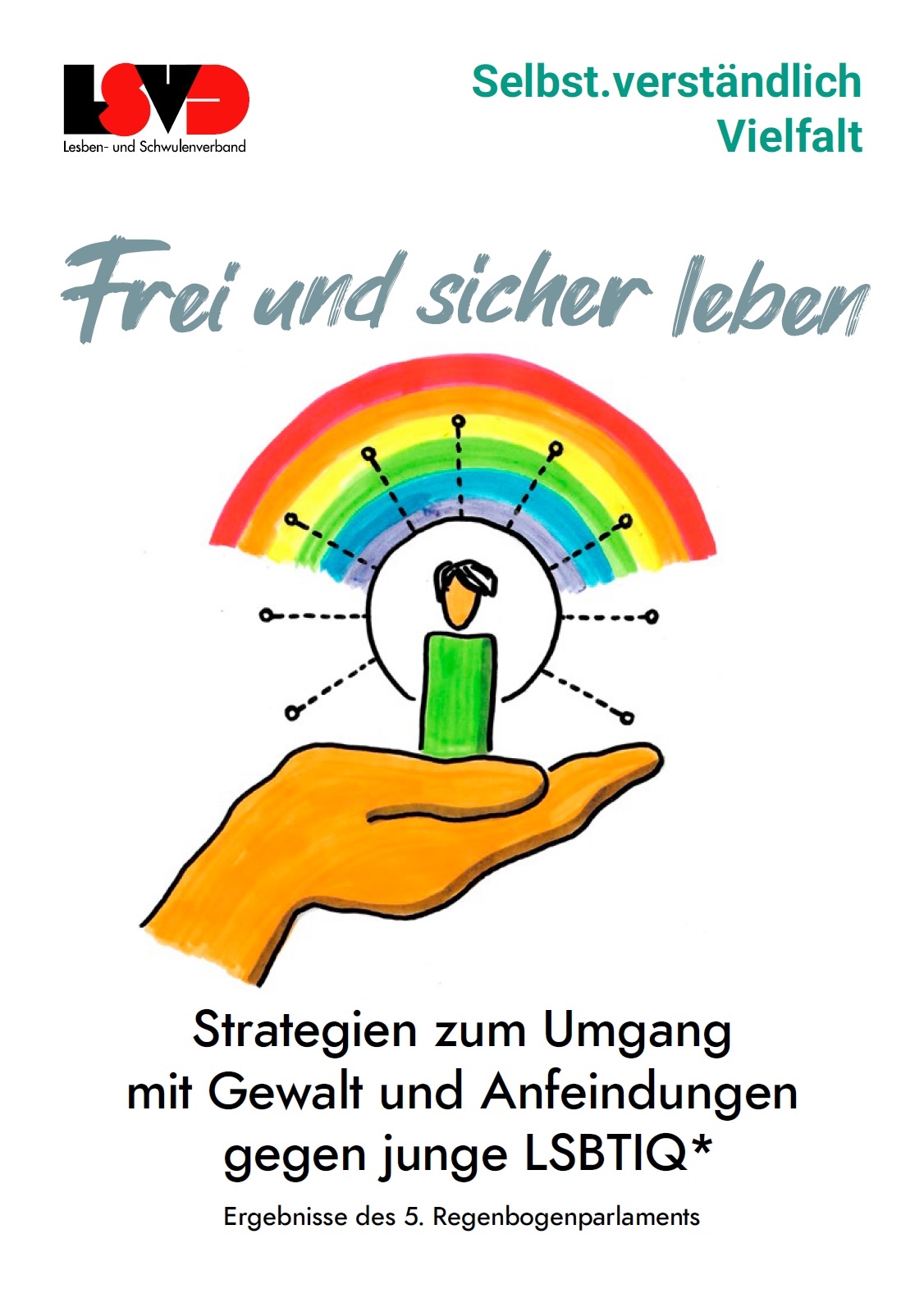 Auf dem Bild sieht man eine gemalte Hand mit einer Art Spielfigur mit den Umrissen eines menschlichen Kopfes auf der Handfläche. Darüber erscheint ein Regenbogen. Unter dem Bild steht Strategien zum Umgang mit Gewalt und Anfeindungen gegen junge LSBTIQ*. Ergebnisse des fünften Regenbogenparlaments