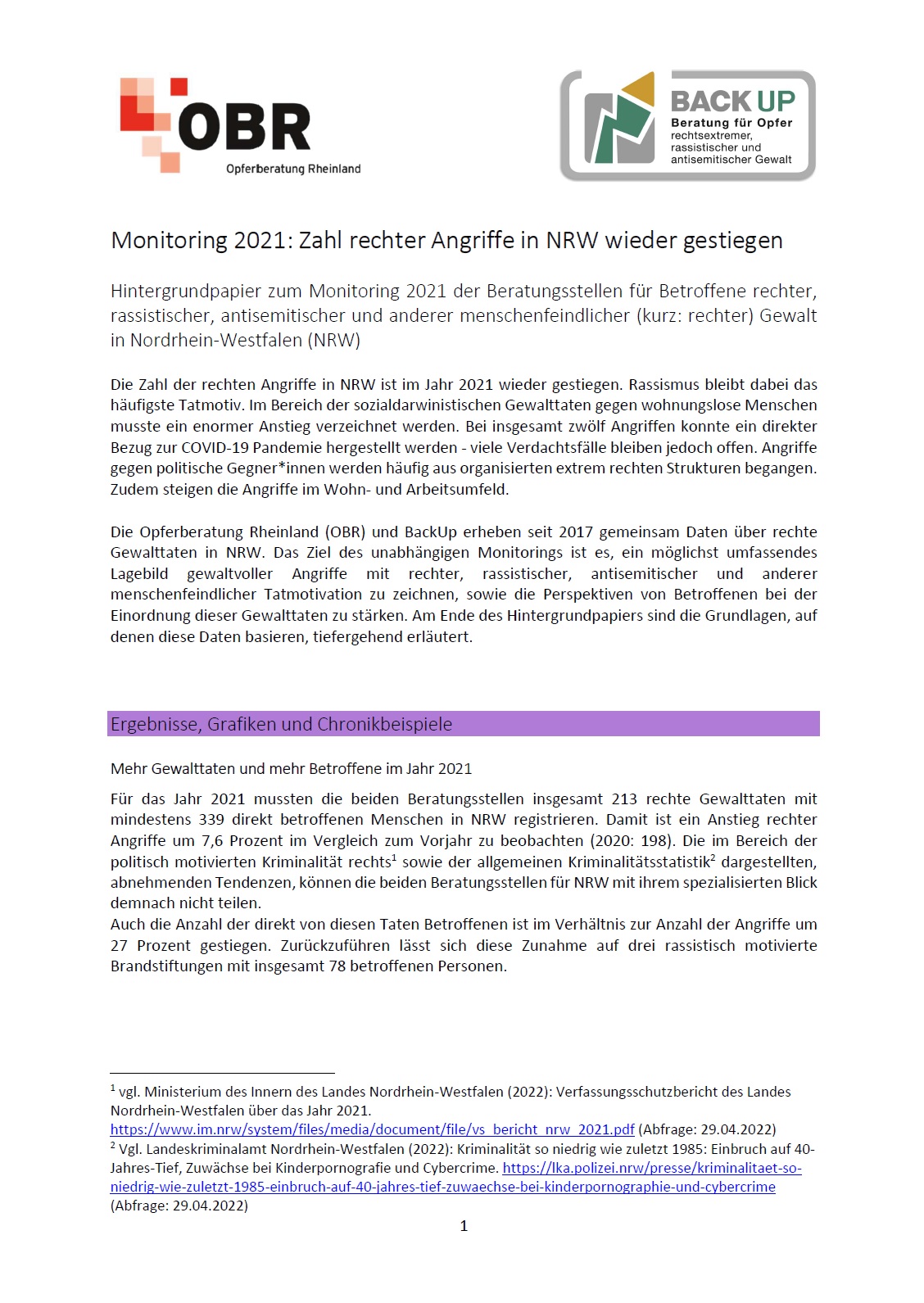 Auf dem Bild sieht man die erste Seite des Beitrages zu Monitoring 2021 rechter Gewalt in NRW.
