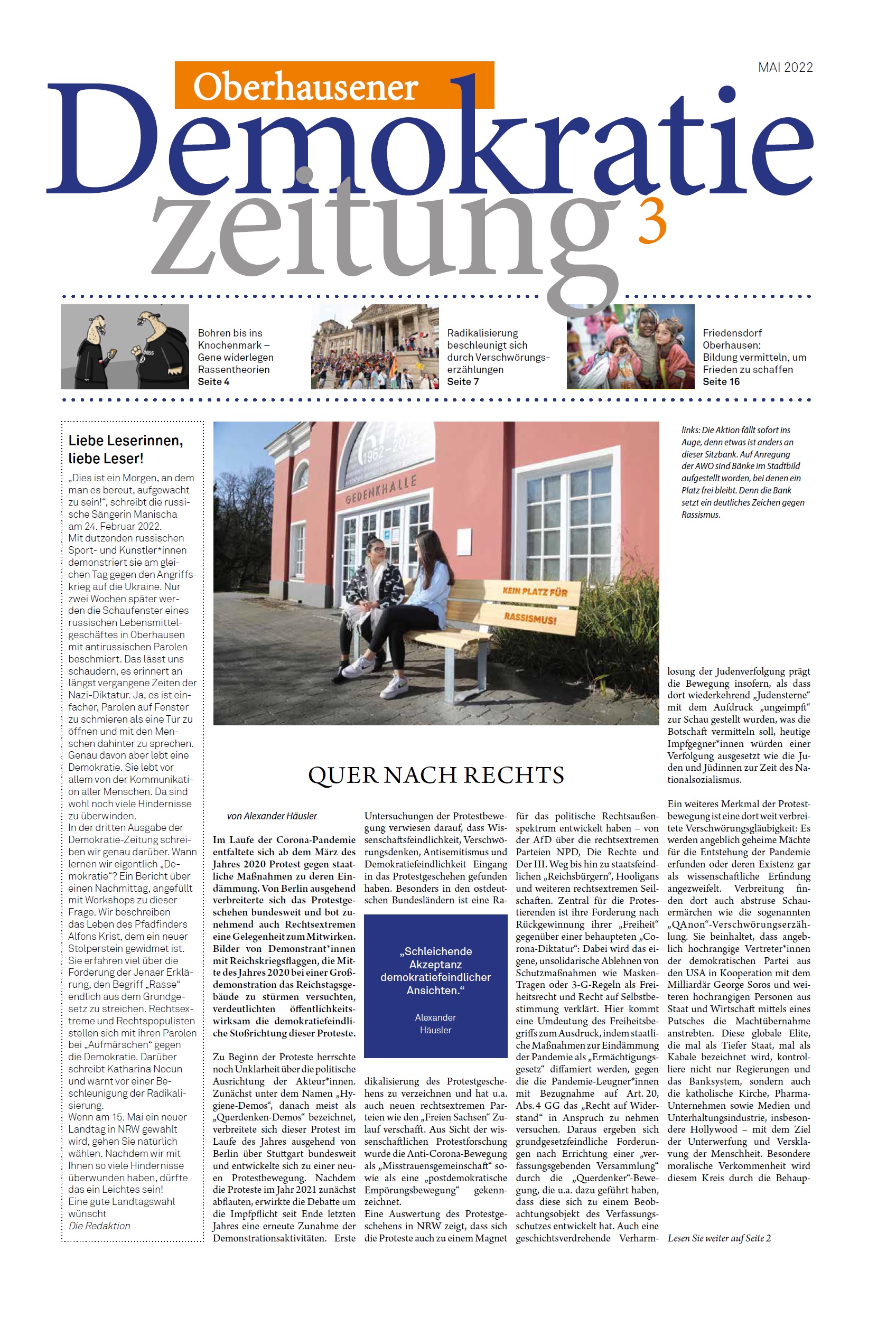 Das Bild zeigt das Titelbild der 3. Ausgabe der Oberhausener Demokratiezeitung