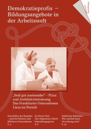 Der Hintergrund des Bildes ist rot. Oben steht Demokratieprofis - Bildungsangebote in der Arbeitswelt. Inder Mitte ist ein zusätzliches Bild eingefügt, dass zwei Arbeiter:innen bei der Arbeit zeigt