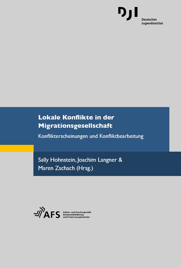 Das Bild hat einen grauen Hintergrund. Auf diesem sind zwei bläuliche rechtecke abgebildet in denen steht Lokale Konflikte in der Migrationsgesellschaft