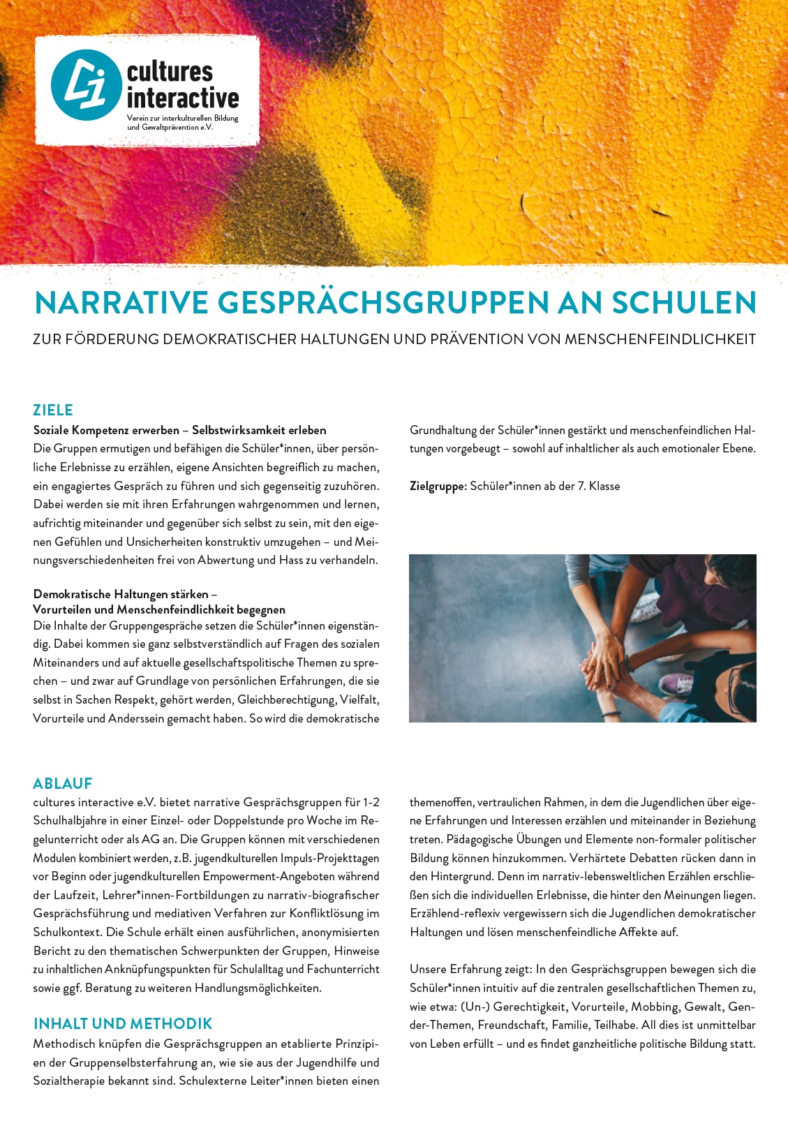 Das Bild zeigt die erste Seite mit Inhalt des Flyers von NARRATIVE GESPRAECHSGRUPPEN AN SCHULEN