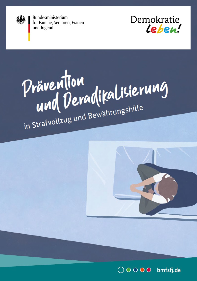 Auf dem Bild steht Prävention und Deradikalisierung in Strafvollzug und Bewährungshilfe. Darunter sieht man von oben eine Person die alleine auf einer Matratze im Schneidersitz sitzt.