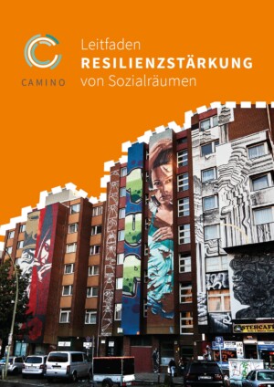 Auf dem Bild sieht man eine Häuserfassade auf der unterschiedliche Graffitis gesprüht sind, von Mustern über Buchstaben bis hin zu Gesichtern. Davor stehen Autos und Verkehrsschilder. Der Himmel über der Fassade ist komplett in Orange und es steht mit weißer Farbe geschrieben Leitfaden RESILIENZSTAERKUNG von Sozialraeumen