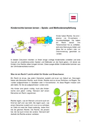 Das Bild ist das Deckblatt zum Beitrag. Als Überschrift steht Kinderrechte kennen lernen - Spiele- und Methodenempfehlung. Neben dam anfangenden Text sind Zwei Strichmännchen setzen einen Puzzlestein mit D an -mokratie und ein Strichmännchen zeigt etwas an einem beschrifteten Papier an.