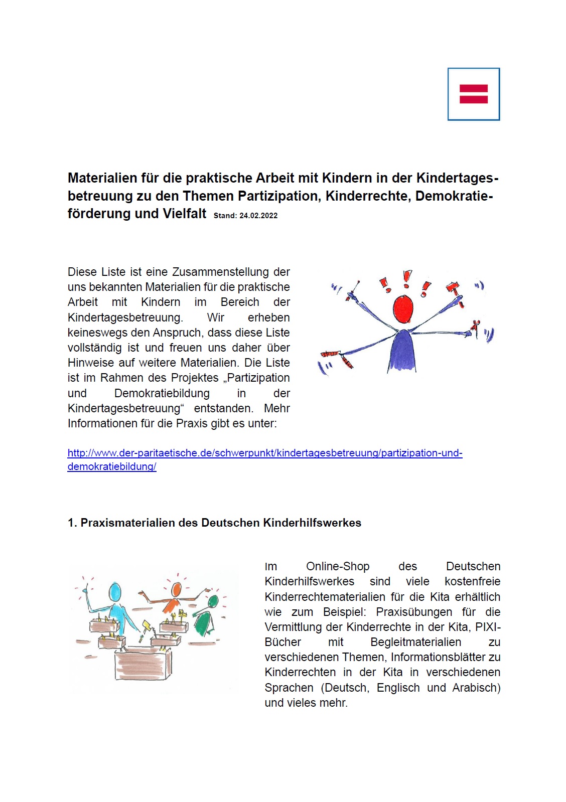 Das Bild zeigt das Deckblatt für das Material zu Materialien für die praktische Arbeit mit Kindern in der Kindertagesbetreuung