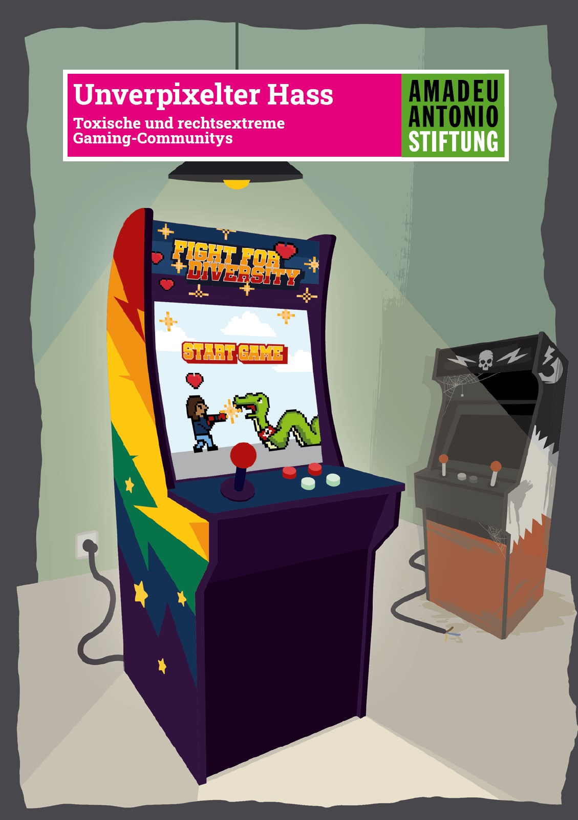 Auf dem Bild sieht man zwei alte Arcade-Spiel-Automaten. Der im Vordergrund stehende ist angeschaltet und man sieht einen Menschen mit einer Schlange kämpfen. Darüber steht Fight for Diversity, der zweite Arcadeautomat ist aus. Auf ihn sieht man einen Totenkopf. Das Bild ist in Form einer alten Computerspielgrafik gehalten. Als Überschrift steht Unverpixelter Hass