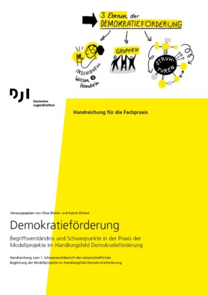 Auf dem Bild steht Demokratieförderung. Begriffsverständnis und Schwerpunkte in der Praxis der Modellprojekte im Handlungsfeld Demokratieförderung. Handreichung zum 1. Schwerpunktbericht der wissenschaftlichen Begleitung der Modellprojekte im Handlungsfeld Demokratieförderung. Herausgegeben von Elisa Walter und Katrin Ehnert. In dem oberen teil des Bildes sind zudem drei Ebenen der Demokratieförderung zeichnerisch dargestellt