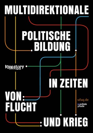 Das Cover zeigt verschiedene Linien in bunten Farben, die über das gesamte Bild verlaufen. Über das Cover verteilt steht der Titel "Multidirektionale politische Bildung in Zeiten von Flucht und Krieg.