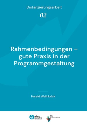 Auf blauem Grund steht mit weißer Schrift: Distanzierungsarbeit 02: Rahmenbedingungen – gute Praxis in der Programmgestaltung