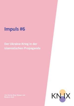 Das Cover ist in rosa gefärbt und au fdiesem rosanen Feld steht der Titel "Impuls #6. Der Ukraine-Krieg in der islamistischen Propaganda". Im unteren linken Feld steht das Symbol von KN:IX.