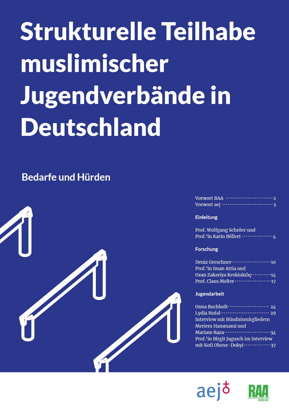 Auf einem blauen Hintergrund steht der Titel "Strukturelle Teilhabe muslimsicher Jugendverbände in Deutschland". Darunter sind drei Hürden in weiß abgebildet.