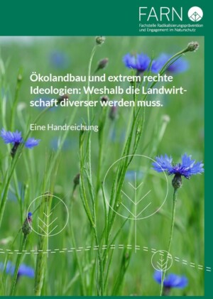 Zu sehen ist eine Wiese mit Kornblumen. Darauf sind in weiß Bäume und ein Weg skizziert. In weißer Schrift "Ökolandbau und extrem rechte Ideologien: Weshalb die Landwirtschaft diverser werden muss. Eine Handreichung"